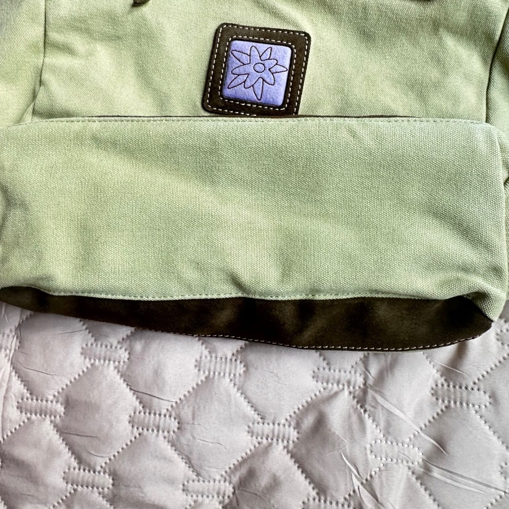 Vintage Sage Green Canvas Flower Tote Bag Brown Suede Trim Y2K Aesthetic - Picture 3 of 15